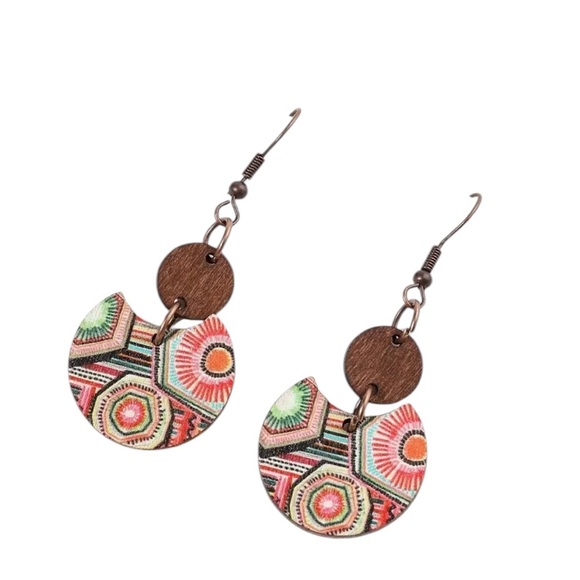 Boho Colorful Print Segmented Wooden Drop Style Earrings - Picture 2 of 6
